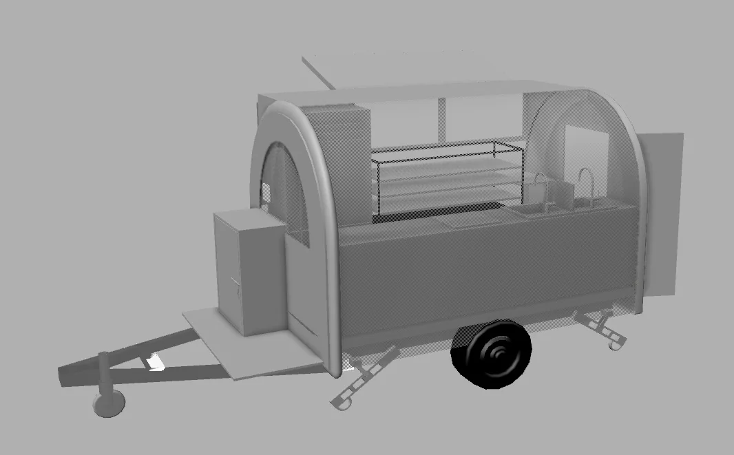3D render of a round-front food trailer cut away to show the interior layout