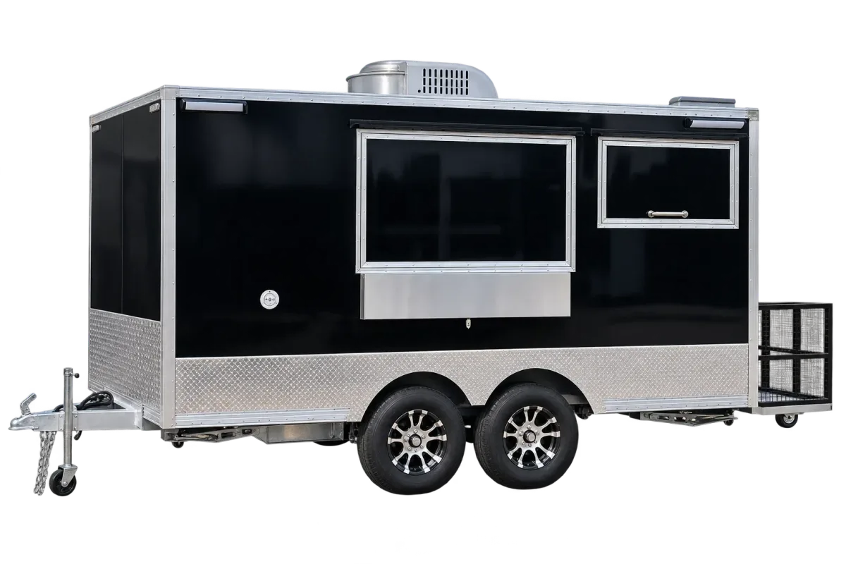 Food trailer with equipment: black tandem-axle concession trailer with two serving windows