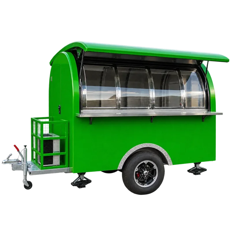 Green mobile coffee trailer with a curved glass serving window and a single axle