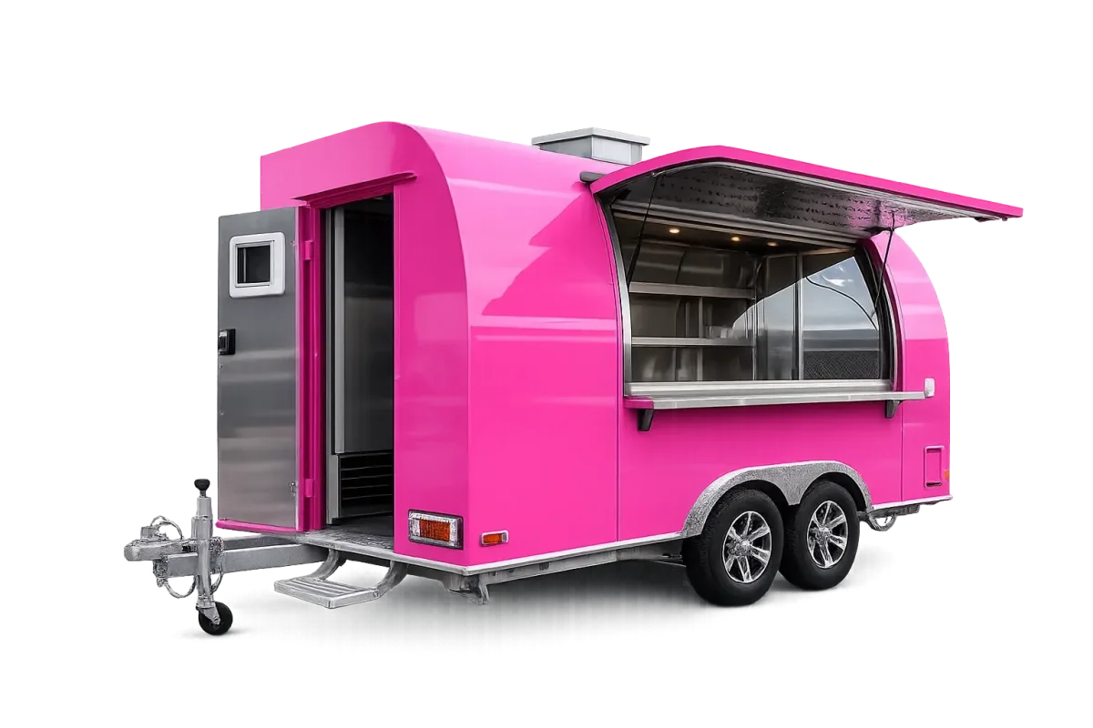 Mobile coffee trailer in pink with the serving hatch raised and tandem axles